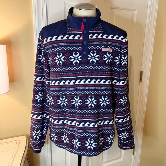 Vineyard Vines Other - NWOT Men's Vineyard Vines Fair Isle Fleece Navy White Red Pullover Size LARGE